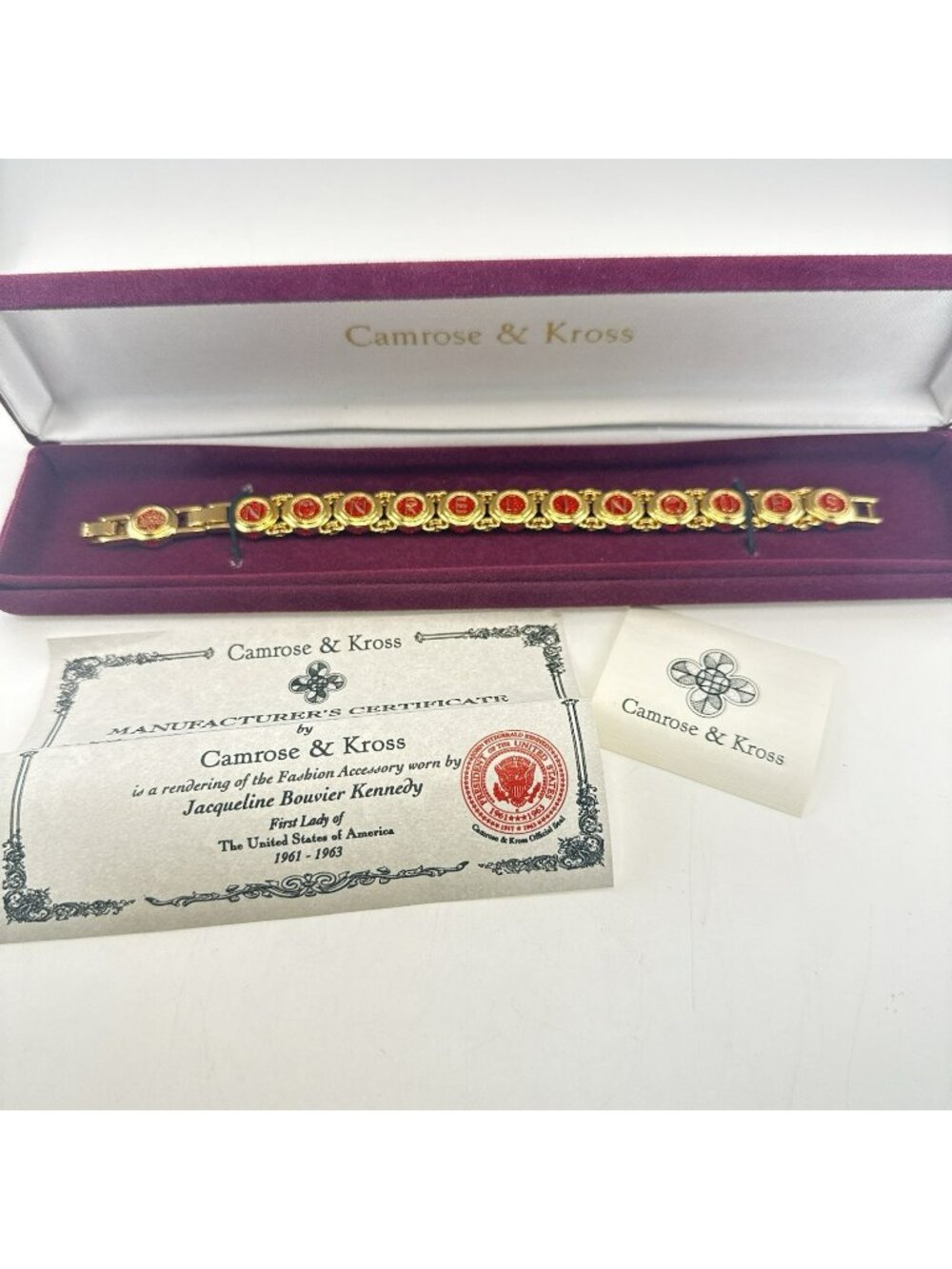 Camrose & Kross JBK Bracelet Red Castellani Wedding Jackie Kennedy Gold Tone 8"